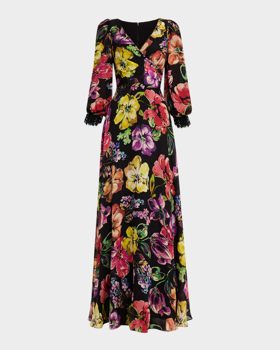 Floral-Print Surplice Silk Gown